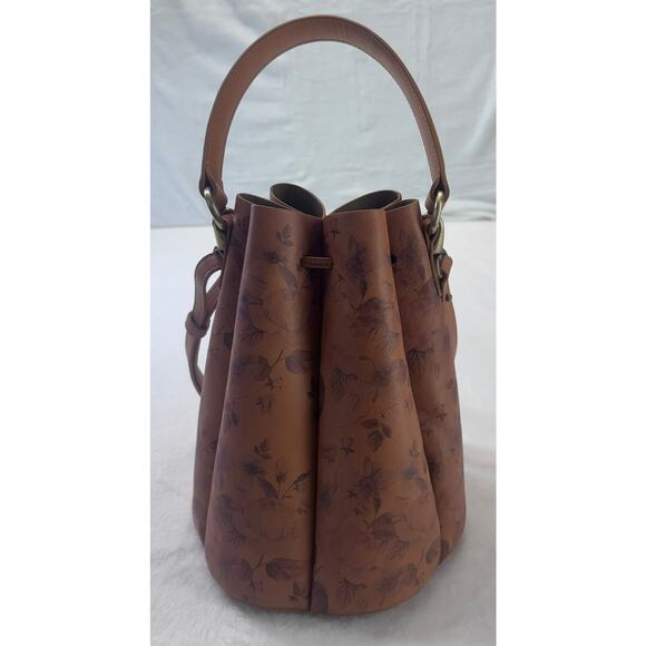 Sundance Made in Italy Brown Floral Leather Bucket Crossbody Bag RemoveableStrap - Picture 5 of 16